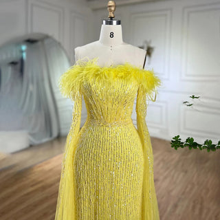 Pink Cape Sleeves Mermaid Yellow Evening Dresses Gowns Luxury Beaded Feathers For Women Wedding Party 2024