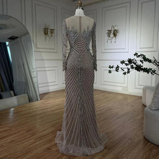 Luxury Crystal Pearls Dubai Nude Evening Dress - Long Sleeves Formal Prom Party Gown for Women's Wedding