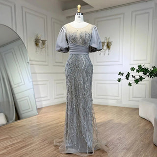 Silver Nude Luxury Mermaid Beaded Evening Dress Gown 2024: Puffy Sleeves, Elegant for Women Party