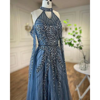 Luxury Dubai Blue Evening Dresses with Cape Sleeves: Elegant Silver Gray and Gold for Women's Wedding Party Gown