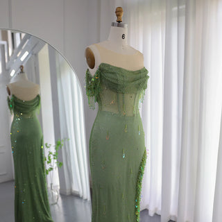 Luxury Crystal Dubai Sage Green Evening Dresses: Orange Arabic High Slit Prom Dress for Women's Wedding Party Elegance