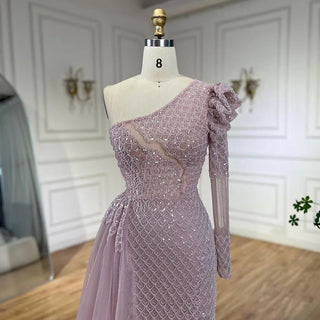 Arabic Pink Mermaid Elegant One Shoulder Beaded Luxury Evening Dresses Gowns For Women Wedding Party 2024