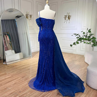 Ships in 1 to 3 Days - Blue Mermaid Elegant One-Shoulder Evening Dress with Luxury Pearls Beading - Women's Wedding Party Gown (2024)