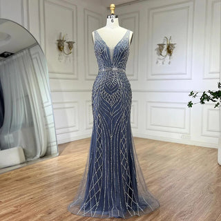 2024 Blue Mermaid Elegant Spaghetti Straps Beaded Luxury Evening Dress - Gown for Women's Wedding Party