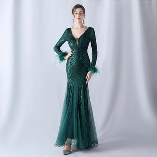 Sexy Gold Sequin Feather Long Sleeve Prom Dress - Evening Party Maxi Dress for Women