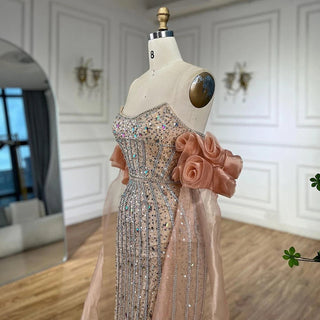 Ships in 1 to 3 Days - 2024 Arabic Pink Strapless Beaded Mermaid Evening Gown Vintage Half Puff Sleeve Dress for Women's Party