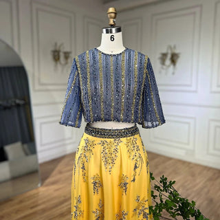 Ships in 1 to 3 Days - Luxury Dubai Blue Yellow 2-Piece Evening Dress - Elegant Long Formal Prom Gown for Women's Wedding Party