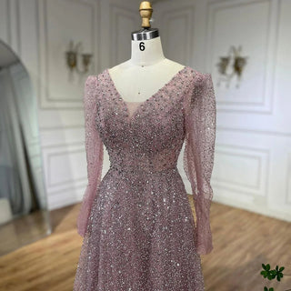 Arabic Pink A-Line Elegant Long Sleeves Evening Dress - Luxury Beaded Gown for Women's Wedding Party 2024