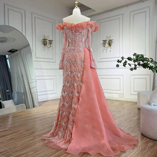 Elegant Arabic Peach Mermaid Evening Gown with Pearl and Beaded Detailing