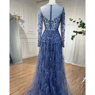 Blue Elegance: 2024 Muslim A-Line Evening Dress with Lace, Beading, Feathers, and Arabic Luxury