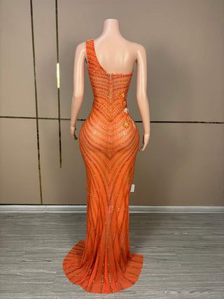 Dazzling One-Shoulder Beaded Gown with High Slit