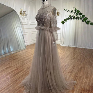 Caramel A-Line Crystal Beaded Evening Dress 2024 with O-Neck and Long Sleeves for Women's Wedding Party