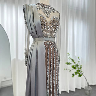 Luxury Crystal Dubai Muslim Evening Dress with Overskirt: Gray Arabic Formal Dresses for Women at Wedding Parties