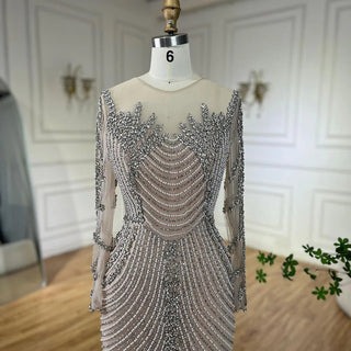 Ships in 1 to 3 Days - Arabic Luxury Crystal Pearls Silver Nude Dubai Evening Dresses for Women Wedding Formal Prom Party Gown 2024