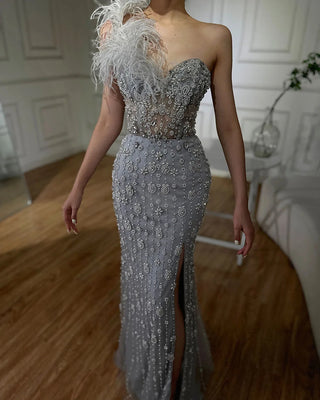 Gray Mermaid One Shoulder High Split Beaded Feather Luxury Evening Dress: 2025 for Women's Party