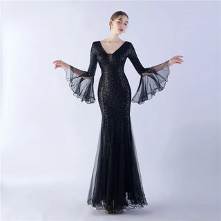 Elegant Long Sleeve Sequin Evening Dress - Gold Mesh Party Maxi Dress