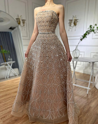 Ships in 2 to 5 Days - 2025 Arabic Gray A-Line Strapless Evening Gown with Beaded Detailing - Elegant Long Dress for Formal Occasions