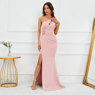 Sexy Rose Red Satin Evening Dress with Slit - Pleated Beaded Party Maxi Dress