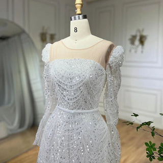 Dubai White A-Line Luxury Evening Dress with Pearls and Beaded Long Sleeves - Women's Wedding Party Gown 2024