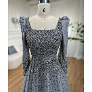 Ships in 1 to 3 Days - Arabic Grey A-Line Evening Dress 2024 with Puffy Shoulders, Elegant Beaded Luxury - Ideal for Women's Wedding Party