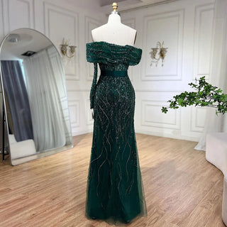 Ships in 1 to 3 Days - Arabic Nude Mermaid Evening Gown: One-Shoulder Beaded Luxury Dubai Design for Women's Wedding Party