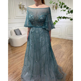 Turquoise A-Line Luxury Beaded Long Flare Sleeves Evening Dresses Gowns 2024 - For Women's Wedding Party