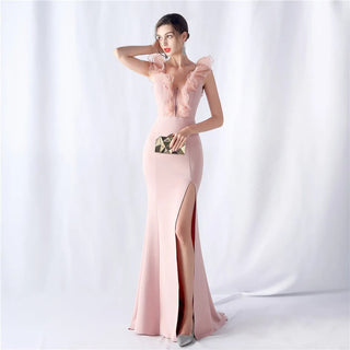 Sexy V-Neck Ruffle Celebrity Maxi Dress - Long Evening Party Dress for Women