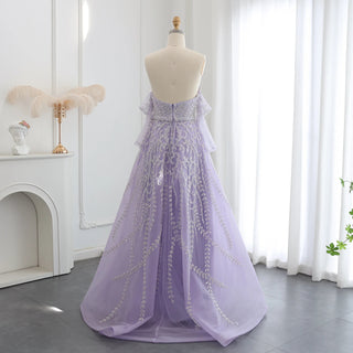 Luxury Dubai Beaded Arabic Lilac Evening Dress with Sleeves and Strapless Design - Women’s Wedding Party Gown