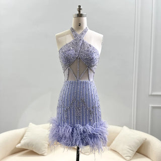 Opulent Feathered Elegance: Nude Short Mini Cocktail Prom Dresses for Women, Featuring a Halter Neckline in Stunning Lilac – Ideal for Homecoming and Wedding Parties