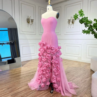 Ships in 1 to 3 Days - Mermaid Evening Dress for Girls: Arabic Pink 3D Flowers Elegant Strapless Dress with Side Slit Prom Party Gowns