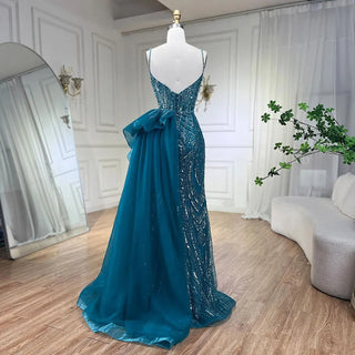 Ships in 1 to 3 Days - 2024 Sky Blue Spaghetti Strap Luxury Evening Dress: Mermaid Beaded Elegant Overskirt for Women's Party