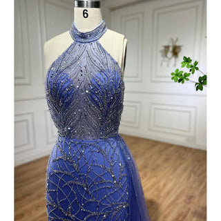 Arabic Blue Mermaid Sleeveless Sexy High Split Beaded Evening Dress - Women's Wedding Party Gown 2024