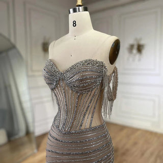 2024 Silver Nude Off-Shoulder Mermaid Elegant Beaded Tassel Evening Dresses Gown for Women Wedding Party