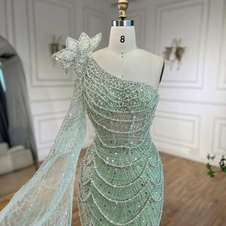 Ships in 1 to 3 Days - Sage Green One-Shoulder Mermaid Evening Gown - Luxurious Dubai Arabic Design with Pearls