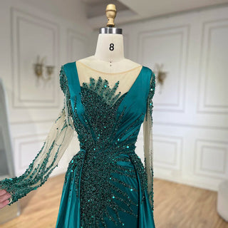 Ships in 1 to 3 Days - Luxury Dubai Green Mermaid Lace Beaded Satin Evening Dresses Formal Gowns 2024 For Woman Wedding Party