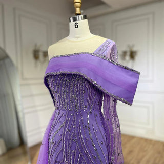 Arabic Lilac Evening Dress with Side Train and Pearl-Adorned One Shoulder - Women's Formal Prom Wedding Party Gown (2024)