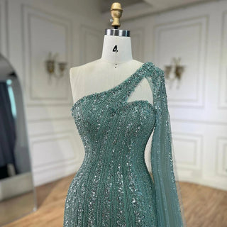 Ships in 1 to 3 Days - Turquoise Mermaid Luxury Beaded Evening Gown 2024 with One-Shoulder Cape Sleeves - Perfect for Women's Wedding Parties