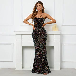 Sexy Backless Black Sequin Dress - Luxury Velvet Stretch Off-Shoulder Cocktail Prom Dress for Evening Parties