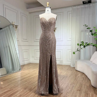 Caramel Cape Sleeves Mermaid High Split Beaded Evening Dress - Long Celebrity Gown for Woman Party