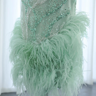 Custom-Made Luxury Dubai Sage Green Evening Gown with Feather Details - 2024 Arabic Wedding, Graduation, and Prom Dress