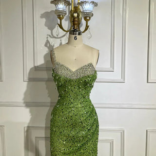 Luxury Sage Green One-Shoulder Beaded Crystal Mermaid Evening Gown - Dubai Style for Women Party 2024