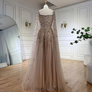 Ships in 1 to 3 Days - Arabic Champagne Dubai Evening Dresses Luxury Celebrity Beaded Tassel High Slit Women Wedding Party Dress