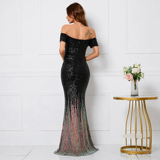 Elegant Off-Shoulder Black Sequin Evening Dress - Boat Neck Party Maxi Dress for Women