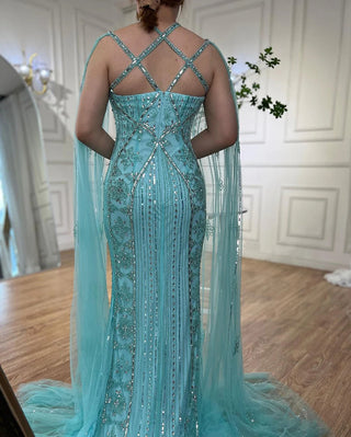 Arabic Luxury Dubai Mermaid Blue Evening Gown with Cape Sleeves and Beading for Women's Party 2024