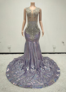 Ships in 1 to 3 Days - Iridescent Lavender Mermaid Evening Gown with Beaded Detail