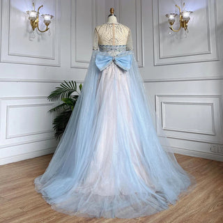 Blue A-Line Evening Dress 2024 with Arabic Cape Sleeves, O-Neck, Bow, and Beaded Luxury - Ideal for Women's Party