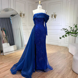 Blue Mermaid Elegant One-Shoulder Evening Dress with Luxury Pearls Beading - Women's Wedding Party Gown (2024)