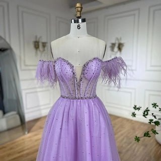 Ships in 1 to 3 Days - Dubai Arabic Elegant Lilac Feathers Beaded A-Line Evening Gown 2024 Luxury Dress for Women Long Party Dress