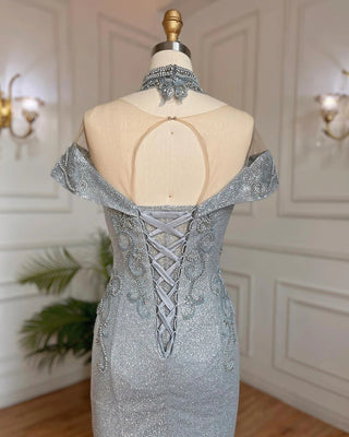 Luxurious Silver Mermaid Evening Dress - Pearls and Beaded Elegance for Women's Wedding Party