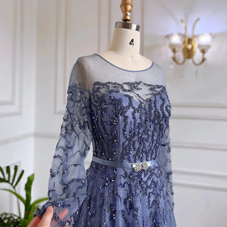 Blue Elegance: 2024 Muslim A-Line Evening Dress with Lace, Beading, Feathers, and Arabic Luxury